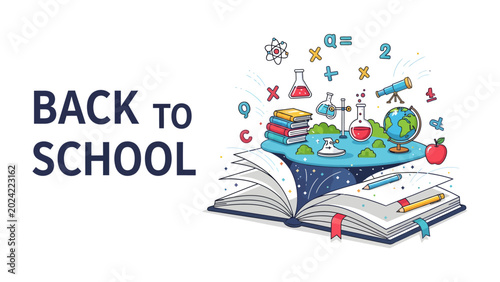 Back to School Excitement: An open book revealing a vibrant landscape of learning, surrounded by scientific symbols, flasks, and educational icons.