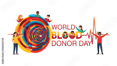 Konstfotografi World Blood Donor Day Concept: A vibrant illustration symbolizing World Blood Donor Day, with diverse individuals contributing to a central vortex