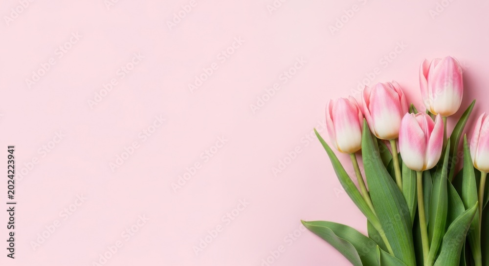 Fototapeta premium Beautiful pink tulips on a soft pastel pink background.