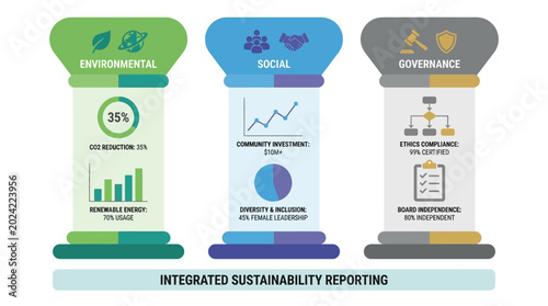 Infographic illustrating the three pillars of Integrated Sustainability Reporting: Environmental, Social, and Governance (ESG) with key metrics.