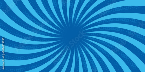 Comic background. Pop art texture. Starburst cartoon style. Anime design with explosion effect for print. Fun dot pattern. Blue backdrop with halftone gradient.