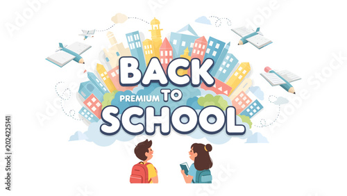 Foto Back to School Celebration: A vibrant illustration depicting the excitement of returning to school, featuring stylized buildings, airplanes, and two students ready for a new academic year