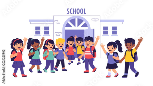 Konstfotografi School Day Begins: A cheerful group of diverse children, laden with backpacks, wave enthusiastically as they arrive at school, eager for a day of learning and fun