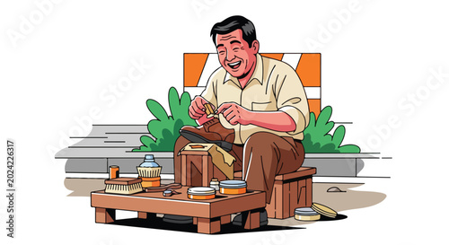 A joyful shoe shiner polishing a brown shoe on the street with tools, smiling widely