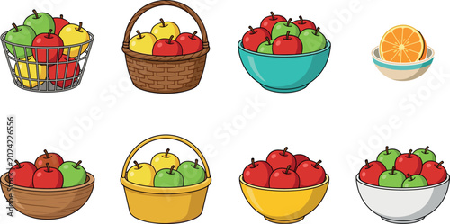 Canvastavla Fruit Bowl Vector Collection with Apples and Orange Illustrations, Fresh Healthy