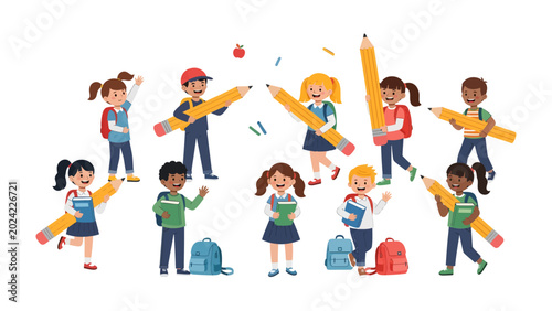 Quadro su tela Back to School Excitement: A vibrant illustration depicts a diverse group of cheerful schoolchildren holding oversized pencils and books, ready for a new academic year filled with learning and fun