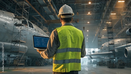 Aerospace Engineer in Yellow Safety Vest and White Hard Hat Working on Laptop with Blue Technical Schematic Inside Large Aircraft Manufacturing Hangar Back View Industrial