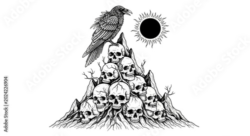 Tableau sur toile Crow sitting on pile of skulls.