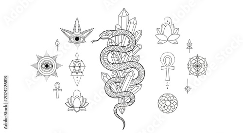 Snake surrounded by spiritual symbols tattoo.