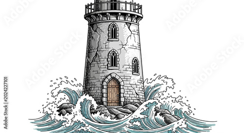 Fotografie Stone lighthouse standing in ocean waves.