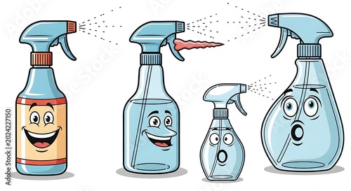 Spray bottles with cartoon faces spraying.