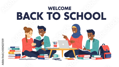 Vászonkép Back to School Gathering: Diverse students engage in collaborative learning, surrounded by books and supplies, celebrating the start of a new academic year with enthusiasm