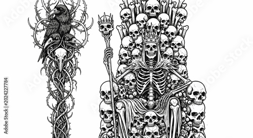 Photos Skeleton wearing crown sitting on throne.