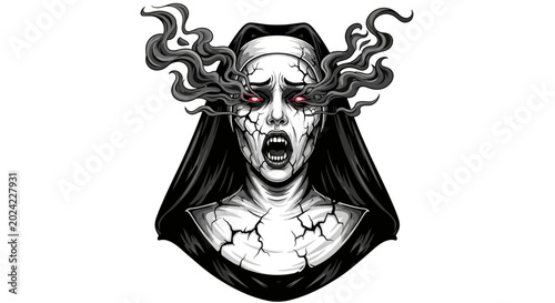 Foto Cracked face screaming in horror.