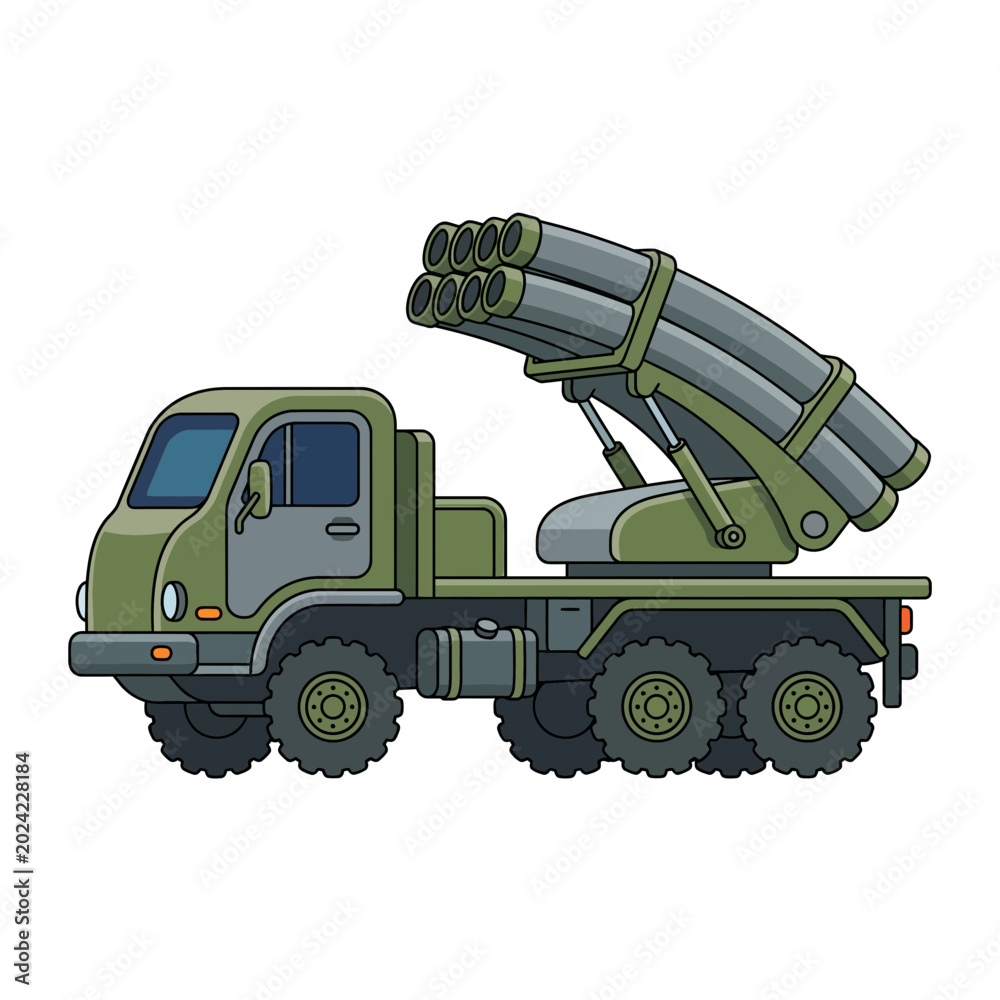 Obraz premium Military Rocket Launcher Truck, Artillery Vehicle Illustration