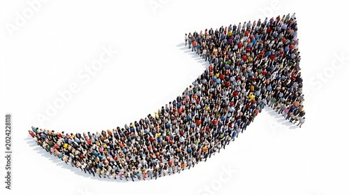 A large diverse group of people viewed from above, collectively forming a dynamic upward-curving arrow shape on a clean white background, symbolizing progress and growth.