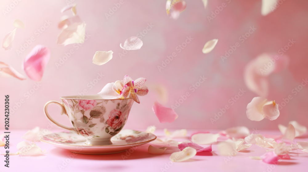 Fototapeta premium Elegant teacup with an orchid on a saucer, falling petals creating a romantic still life for tea time celebration