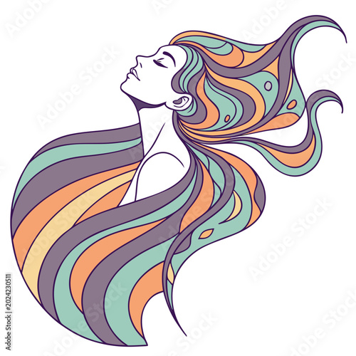 Принти на полотні Abstract illustration of a woman with long colorful flowing hair abstract colorf