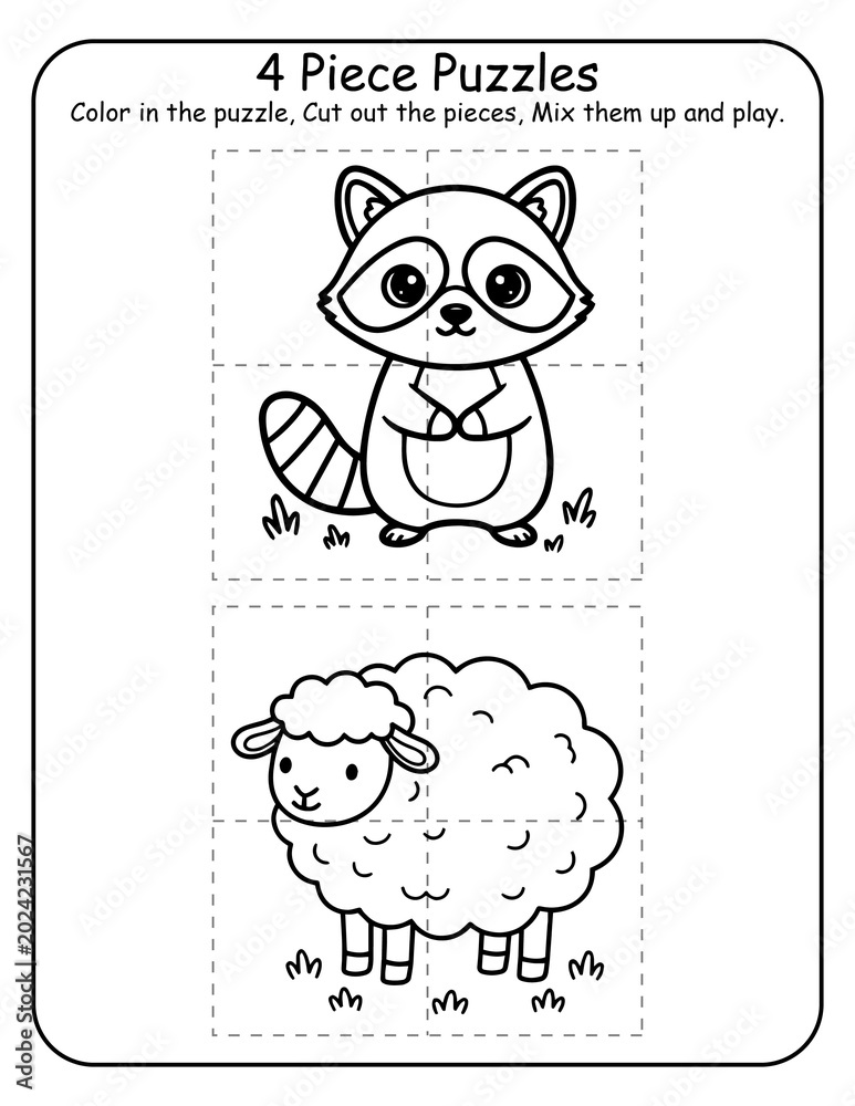 Fototapeta premium Printable farm animal 4-piece puzzle worksheets for preschool and kindergarten learners. Children color, cut, and reassemble each barnyard animal puzzle, strengthening spatial reasoning and fine motor