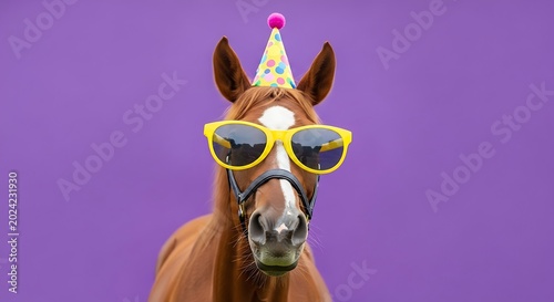 Brown horse wearing sunglasses and party hat.