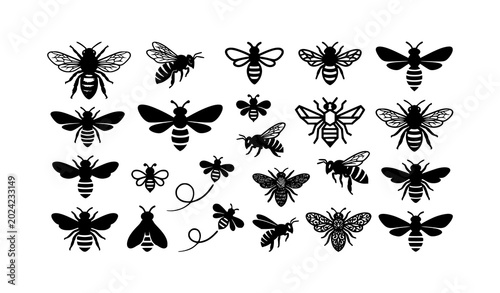 Foto Monochrome bee silhouette pack with realistic and abstract insect vector illustr