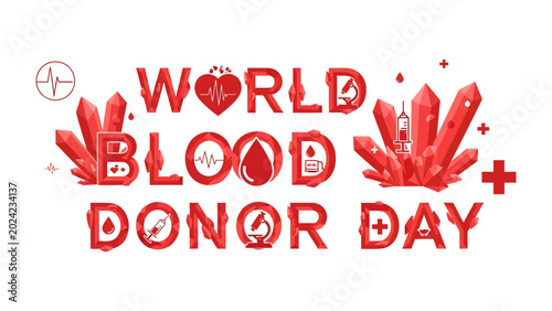 Fotografie World Blood Donor Day Celebration: A vibrant graphic displays World Blood Donor Day with symbolic icons representing health, donation, and medical science, surrounded by crystalline structures