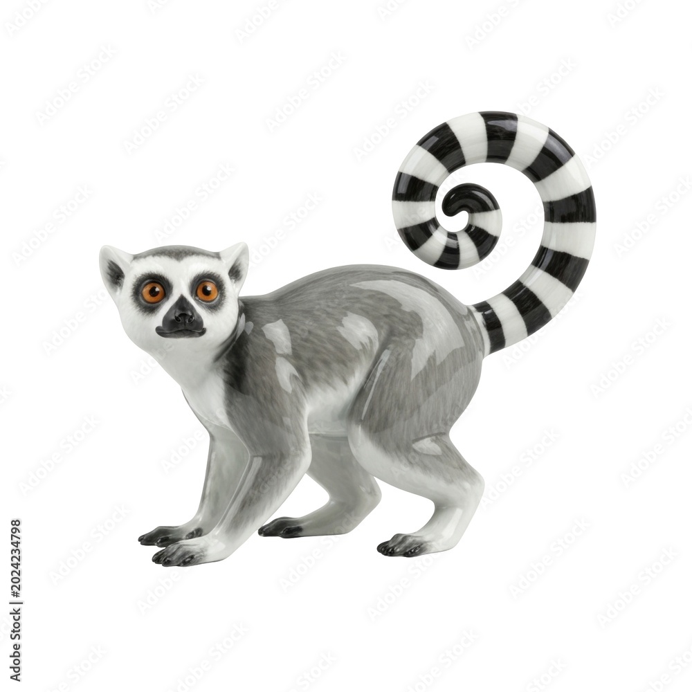 Fototapeta premium Porcelain ring tailed lemur figurine standing with striped tail representing exotic wild animal