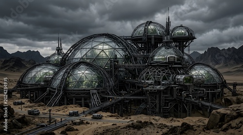 Futuristic sci-fi dome city structure in desolate landscape