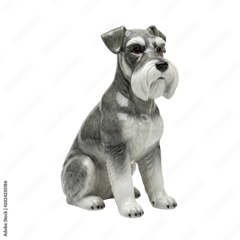 Naklejka premium Glossy porcelain Schnauzer dog figurine sitting with grey and white coat and beard