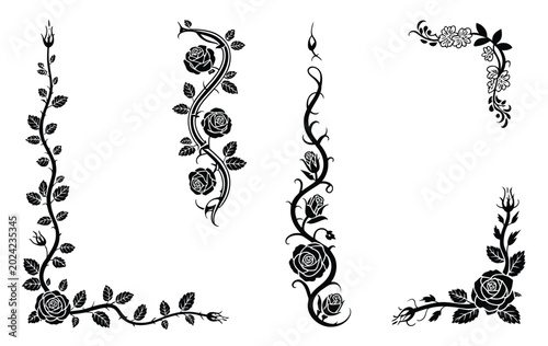 Set of rose floral borders corners and dividers with black vines leaves and thorns vector illustrations on white background