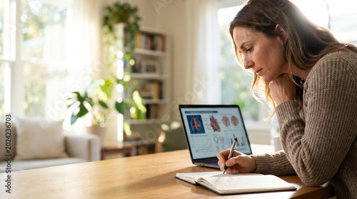 Woman attentively reading a medical website on a laptop in a bright, cozy home office with a notebook, surrounded by plants and warm natural light