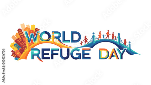Bild auf Leinwand World Refugee Day: A graphic illustration celebrating World Refugee Day, symbolizing unity and hope with a bridge connecting a city skyline to a group of people walking together