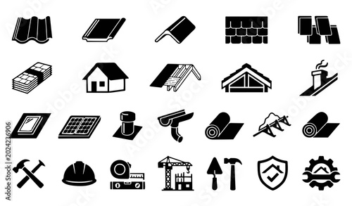 Roof Tile and Roofing Construction Icon Set: Minimalist Outline and Solid Illustrations for Ceramic Shingles, House Tops, Structural Overhangs, and Home Waterproofing Symbols