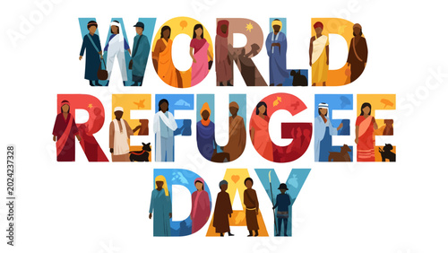 Quadro em tela World Refugee Day Typography: A powerful typographic representation of World Refugee Day featuring diverse individuals within each letter, symbolizing unity and solidarity with refugees worldwide