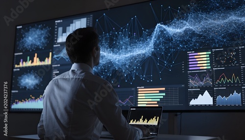 Male AI Engineer Monitoring Neural Network and Big Data Visualization on Multiple Screens in Dark Room Side Back View Artificial Intelligence Machine Learning Concept