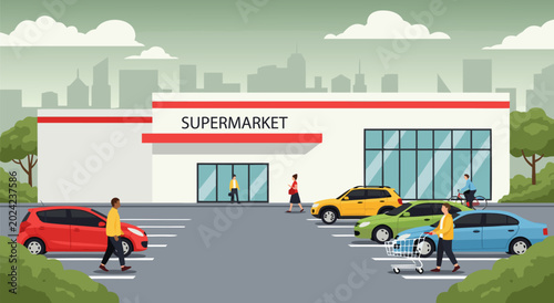 Tableau sur toile Vibrant vector illustration of a bustling supermarket exterior with a parking lo