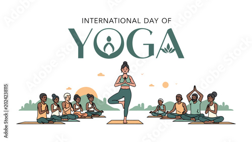 International Yoga Day Celebration: A diverse group of people participate in yoga poses around a central instructor during an International Yoga Day event, highlighting mindfulness and wellbeing.