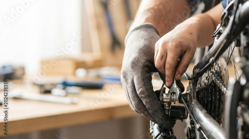 Father and child fixing a bike together in a workshop with tools on a wooden table, warm light, close-up of hands adjusting gears, cozy atmosphere