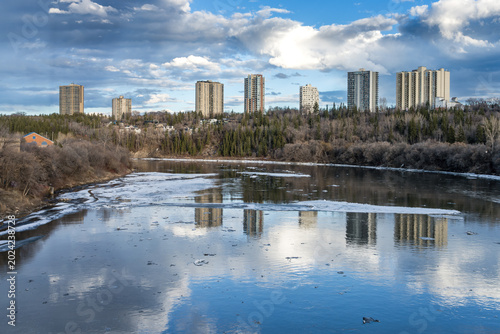 City of Edmonton  landscape in spring season with river ice drift