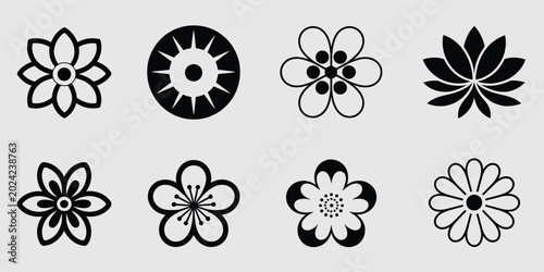 Foto Set of geometric flower icons featuring Japanese mon style Kemon lotus cherry bl