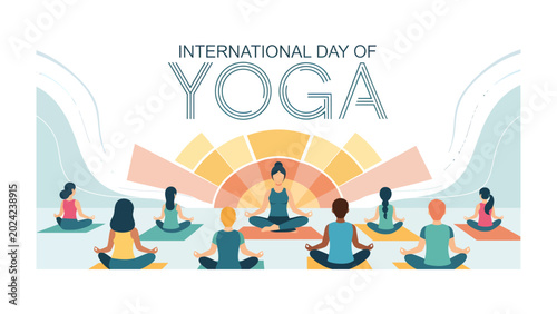 International Yoga Day Celebration: A serene scene depicting diverse individuals practicing yoga in unison, led by an instructor, under a stylized sunburst symbolizing wellness and harmony.