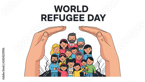 Obraz na płótnie World Refugee Day: A compassionate depiction of World Refugee Day, featuring a diverse group of people sheltered by protective hands, symbolizing unity and support for refugees globally