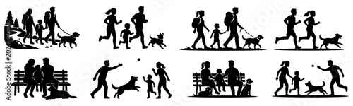 Photography Family with pet dog silhouette collection featuring active people running playin