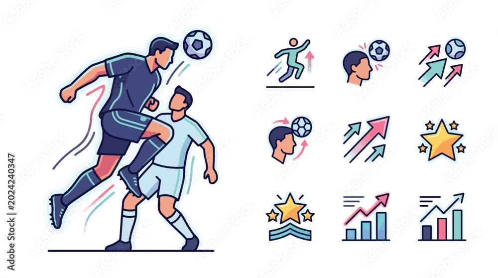 Fototapeta premium Vector illustration of two soccer players in an aerial duel for a header, featuring a set of sports performance icons including growth charts, stars, and skill indicators on white.
