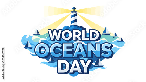 Bild auf Leinwand World Oceans Day: A vibrant graphic illustration celebrates World Oceans Day, featuring a lighthouse standing tall on a rocky island amidst swirling blue waves