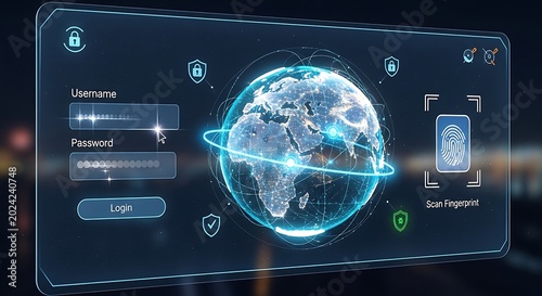 Futuristic global network login interface screen.