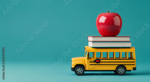 Bright red apple balanced on stacked books on yellow school bus against teal background