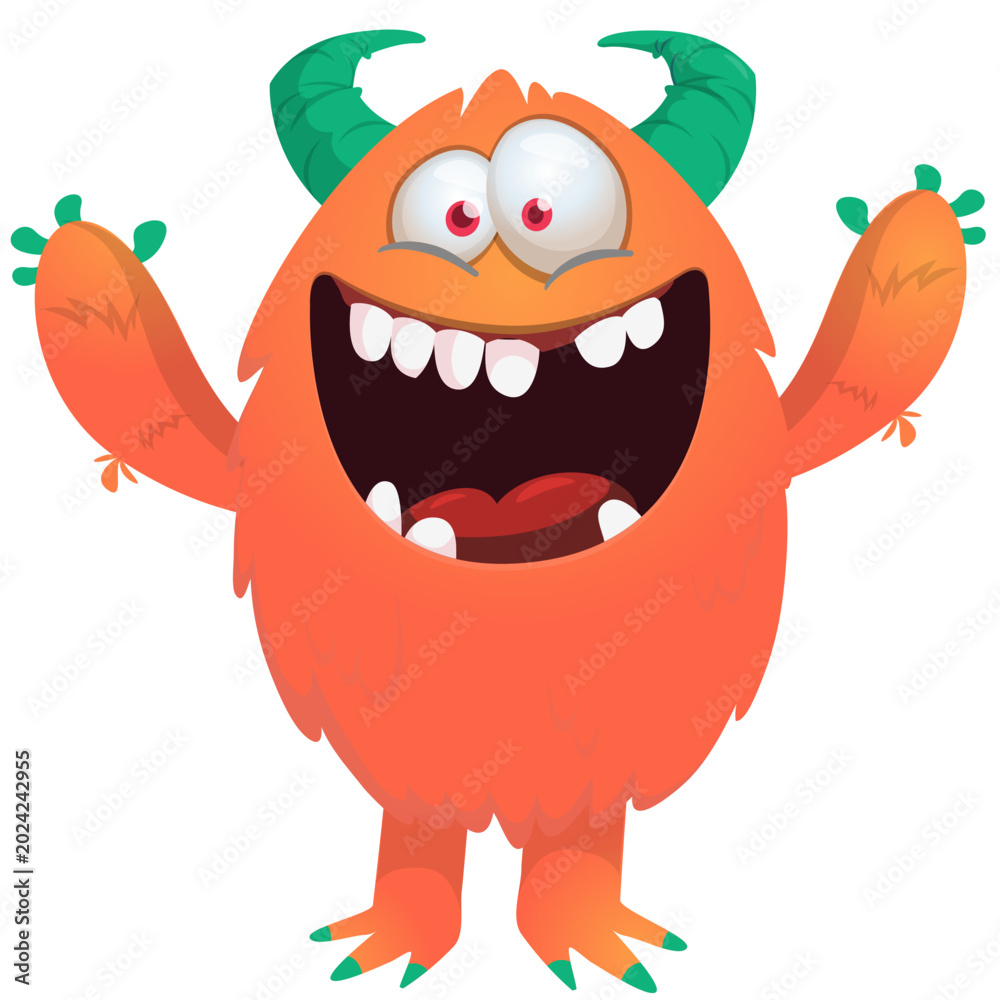 Fototapeta premium Cartoon scary monster with funny face expression waving hands . Vector illustration isolated on white. For Halloween party decoration or package design