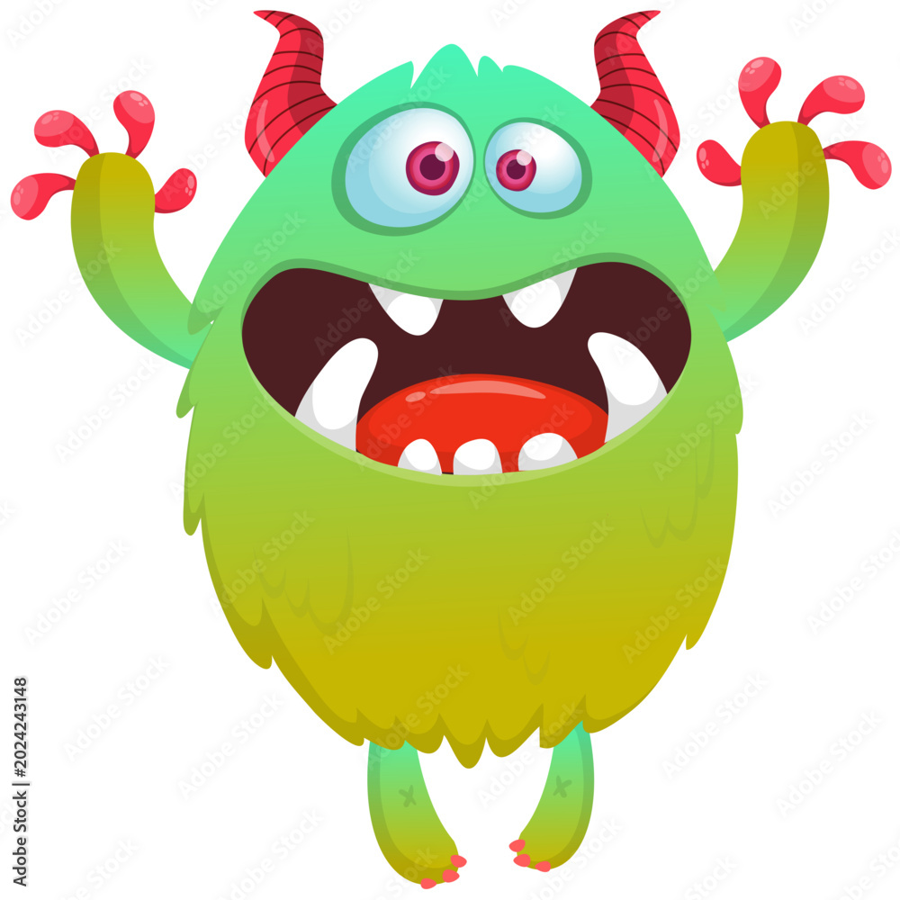 Fototapeta premium Cartoon scary monster with funny face expression waving hands . Vector illustration isolated on white. For Halloween party decoration or package design