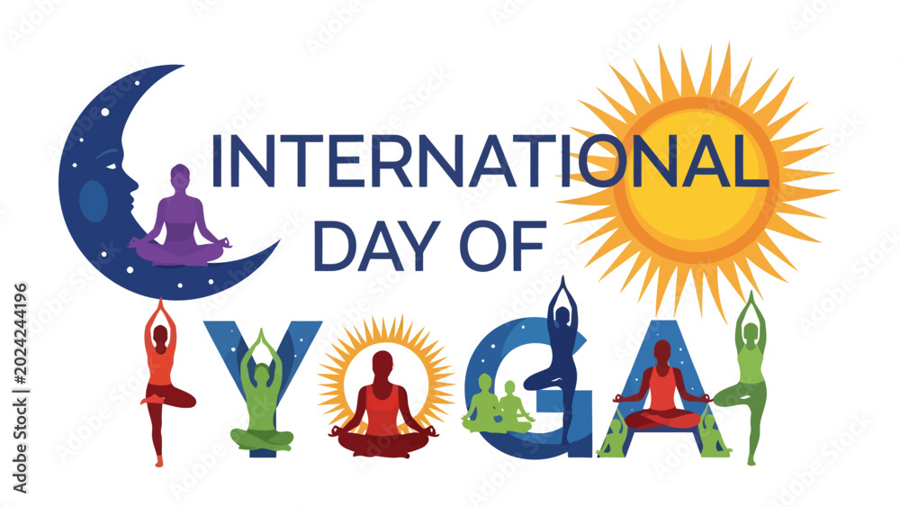 Αυτοκόλλητο International Yoga Day Celebration: Vibrant illustration celebrating International Day of Yoga, featuring stylized letters forming the word YOGA with figures in various yoga poses